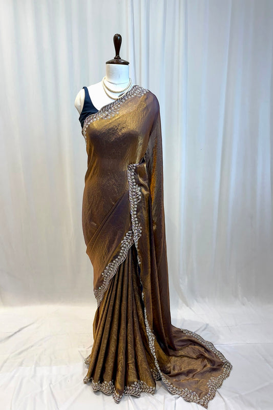 Golden fendy pearl embellished saree