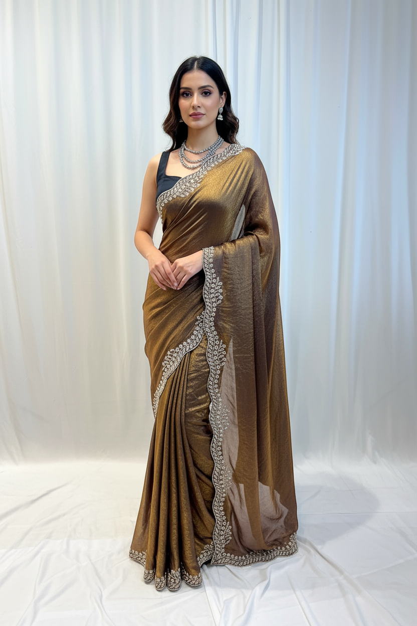 Golden fendy pearl embellished saree