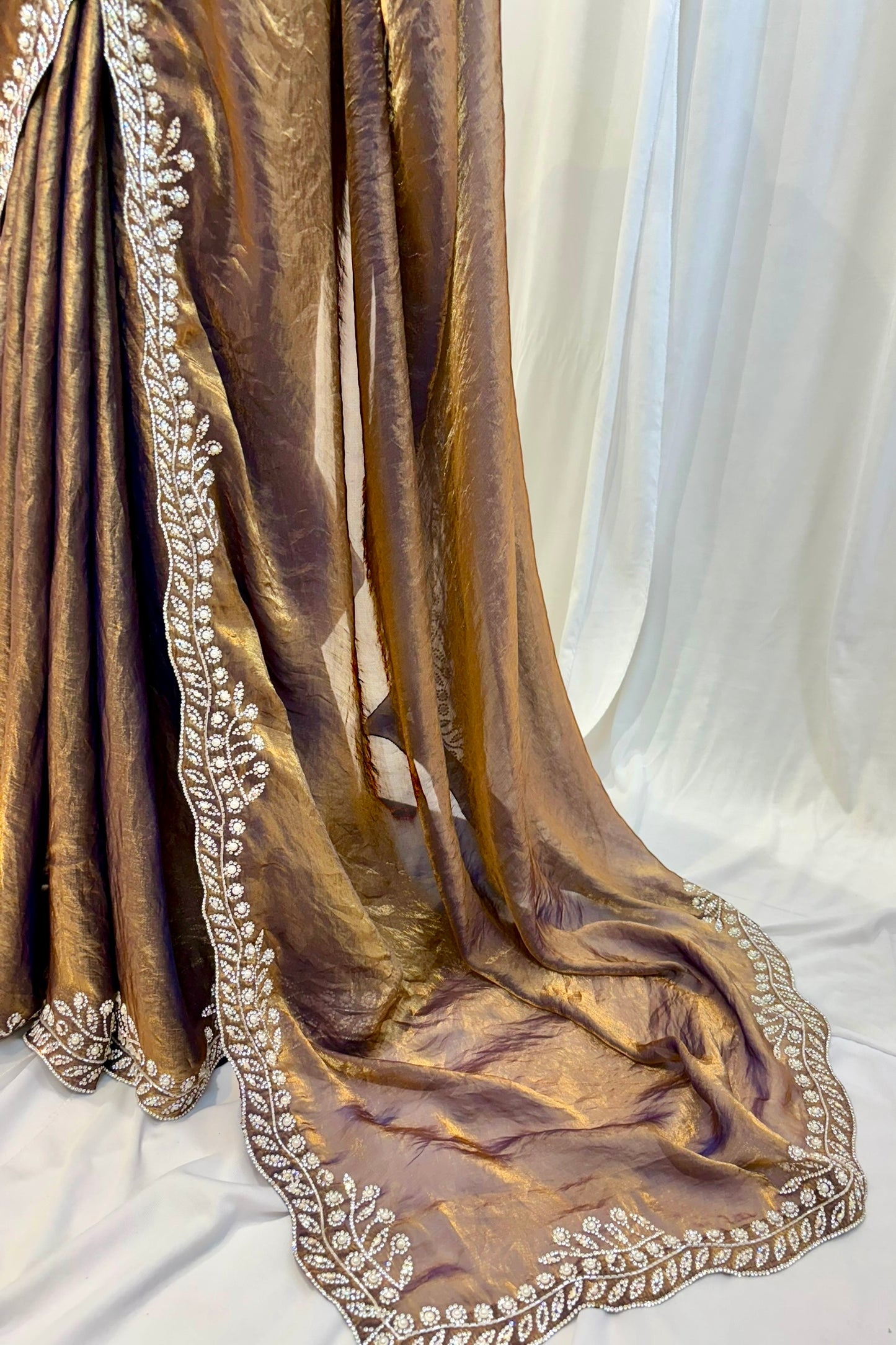 Golden fendy pearl embellished saree