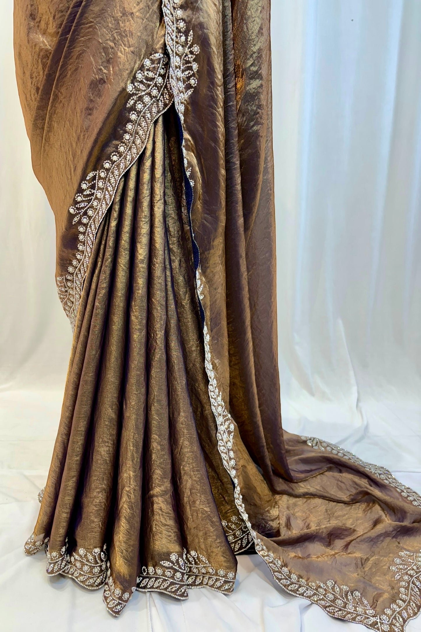 Golden fendy pearl embellished saree