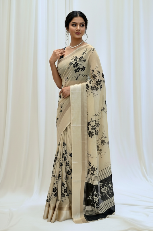 Floral printed chiffon saree - Cream