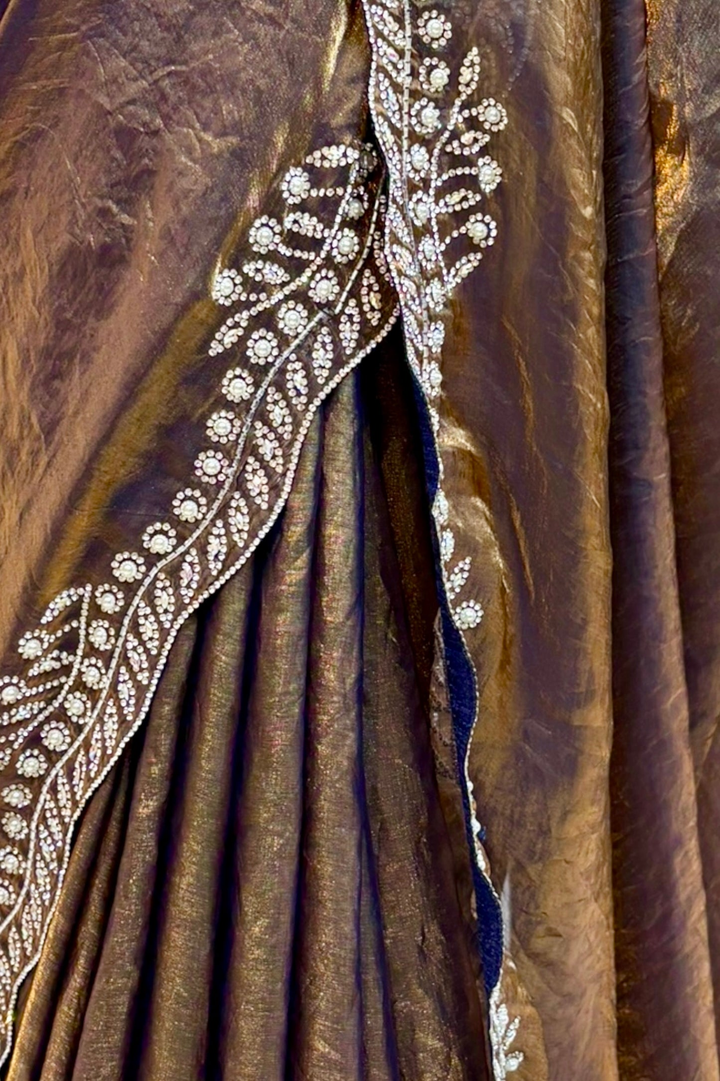 Golden fendy pearl embellished saree