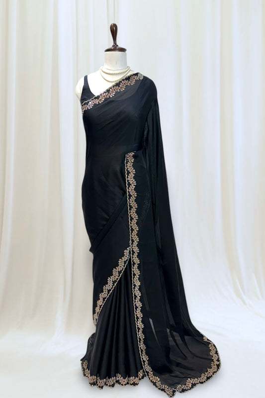 Minimalist swarovski chiffon saree - Black