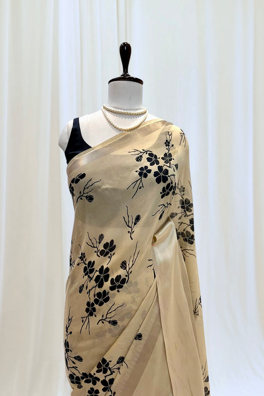 Floral printed chiffon saree - Cream