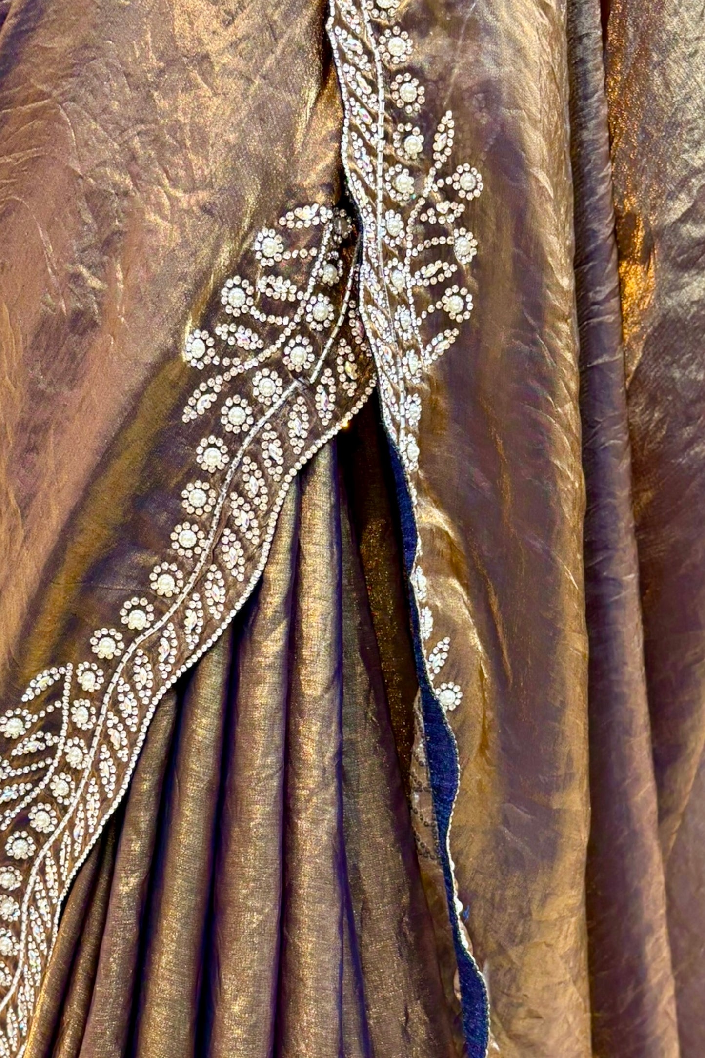 Golden fendy pearl embellished saree