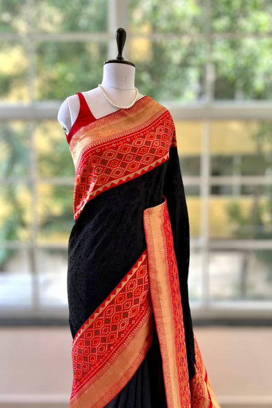 Black chikankari threadwork saree