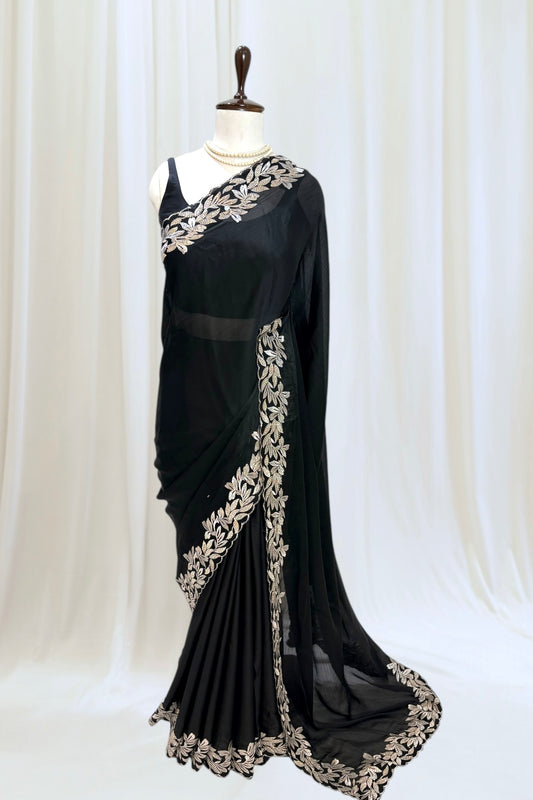 Floral embellished chiffon saree - Black leafy