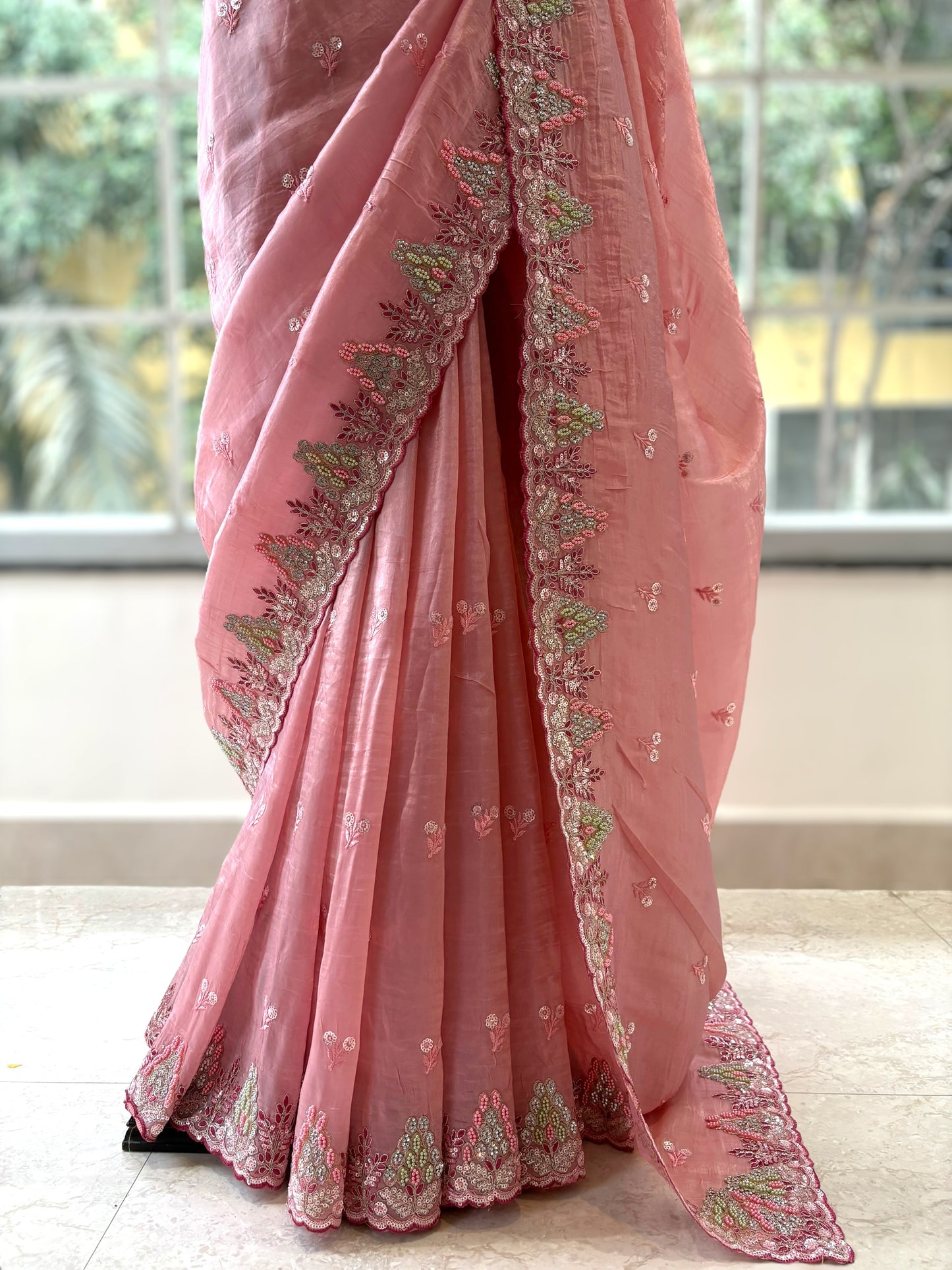 Pink shimmer organza saree