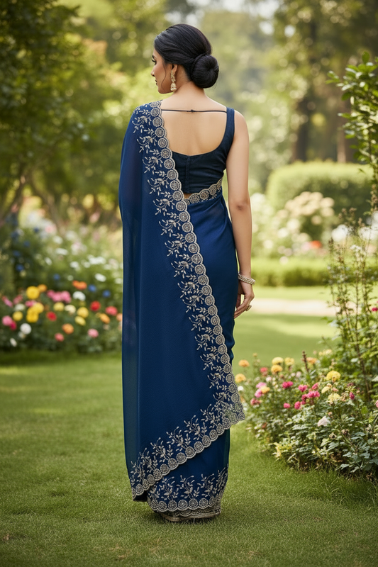 Designer Fendy floral embellished saree - Teal Blue