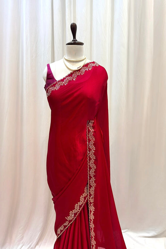 Minimalist swarovski chiffon saree - Ruby red
