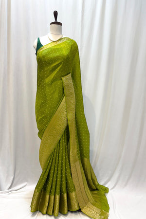 Bandhani print soft organza saree - Parrot green