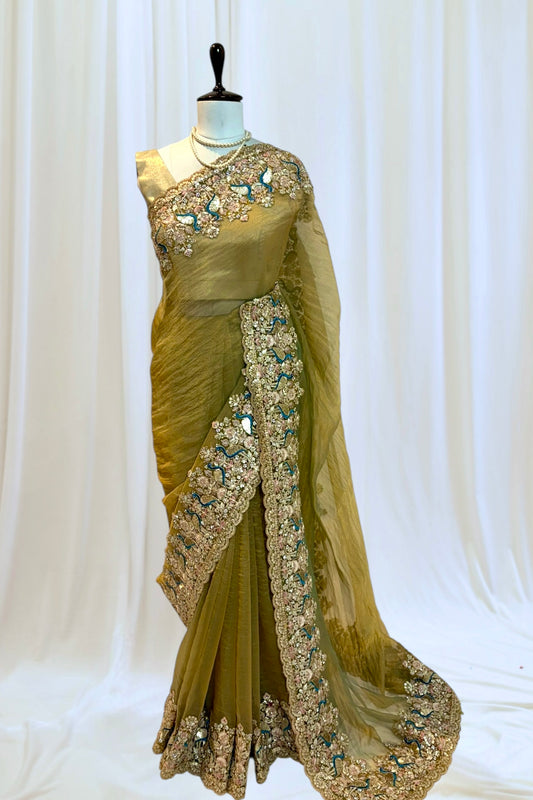 Tissue embellished saree - Golden
