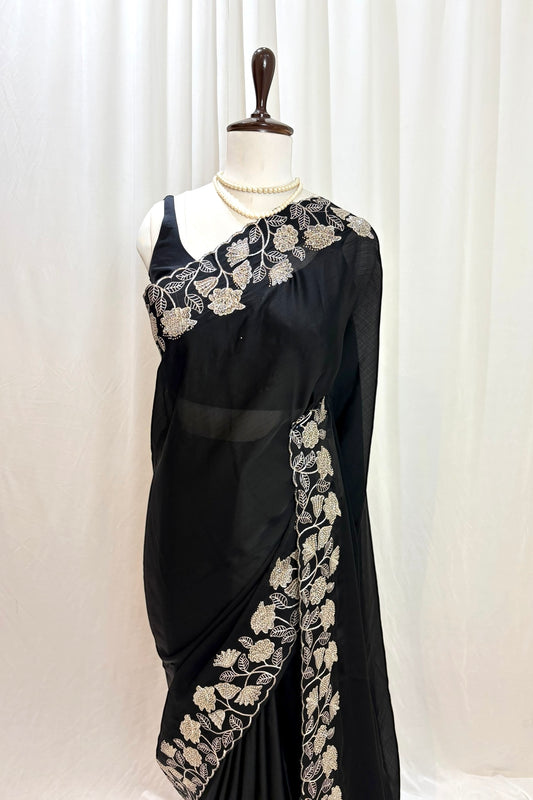 Floral embellished chiffon saree - Black