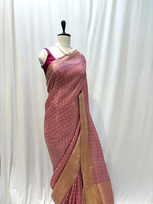 Bandhani print soft organza saree - Onion pink