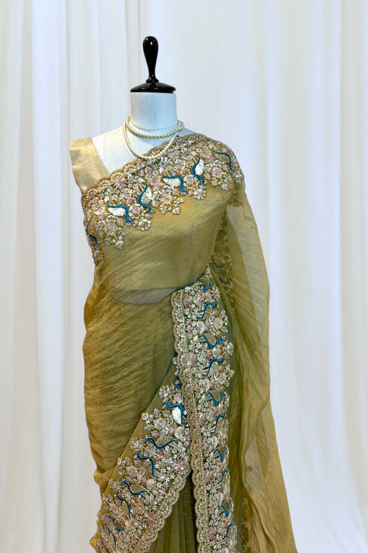 Tissue embellished saree - Golden
