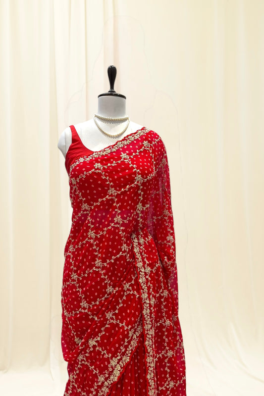 Georgette bandhani saree - Red checks