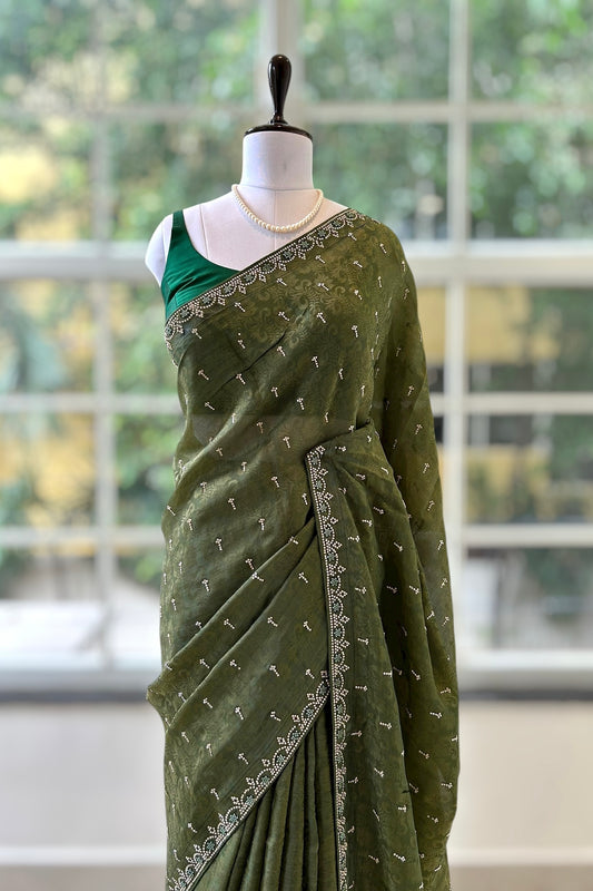 Self design organza silk saree - Olive green