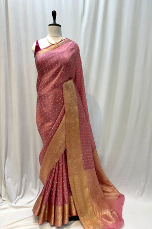 Bandhani print soft organza saree - Onion pink