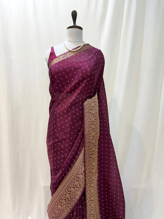 Bandhani print soft organza saree - Wine