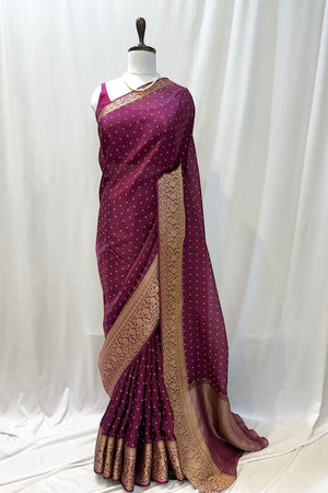 Bandhani print soft organza saree - Wine