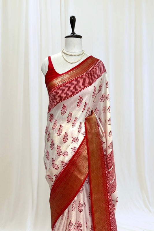Block print muslin saree - Red
