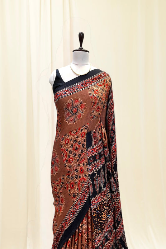 Ajrakh modal silk saree - Brown