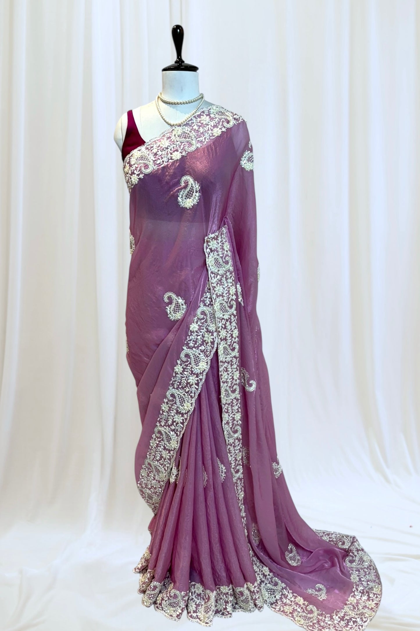 Pink fendy satin pearl embellished saree