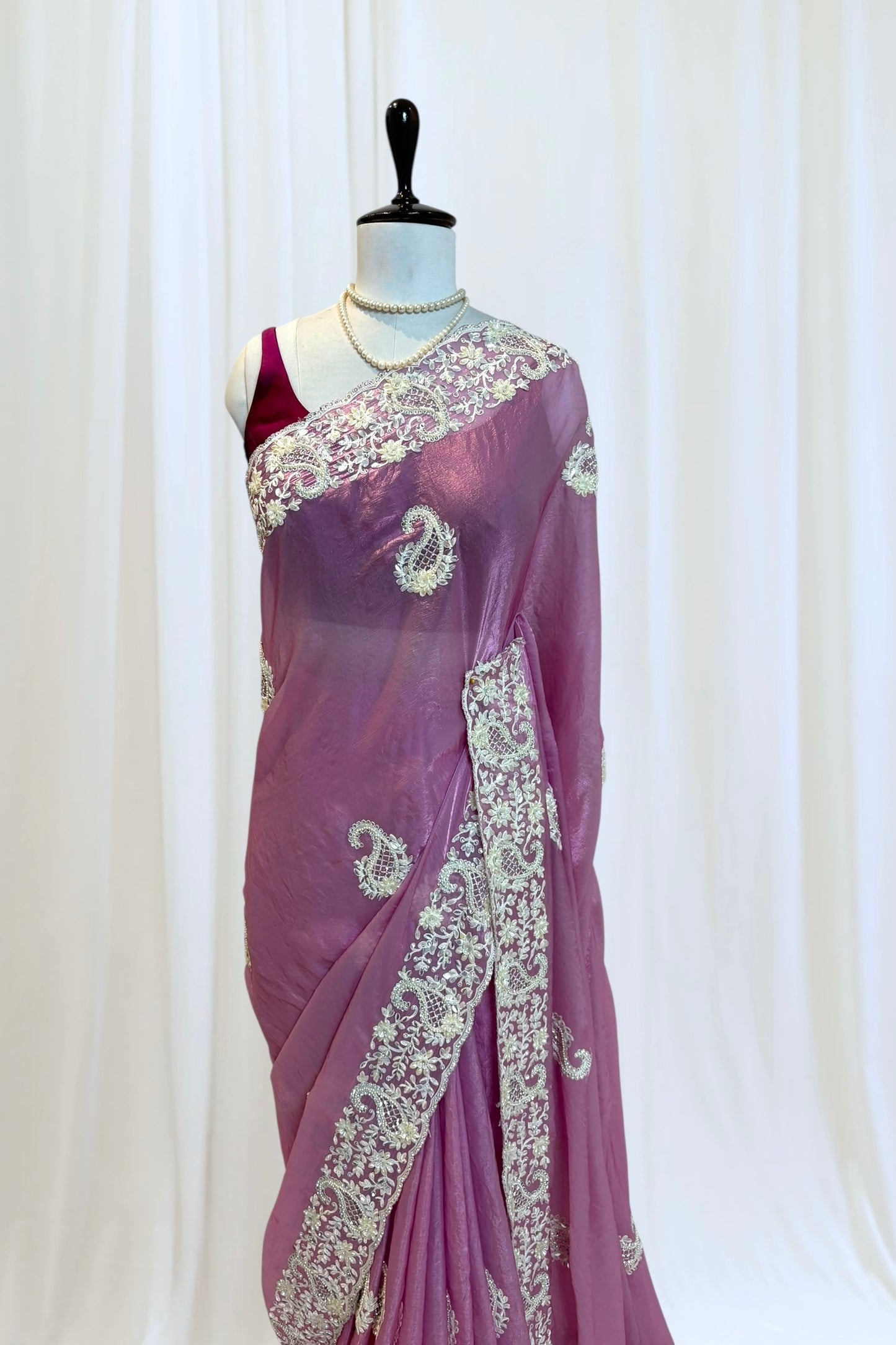 Pink fendy satin pearl embellished saree