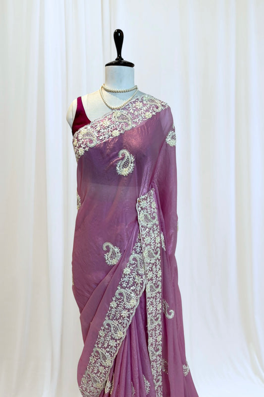 Pink fendy satin pearl embellished saree