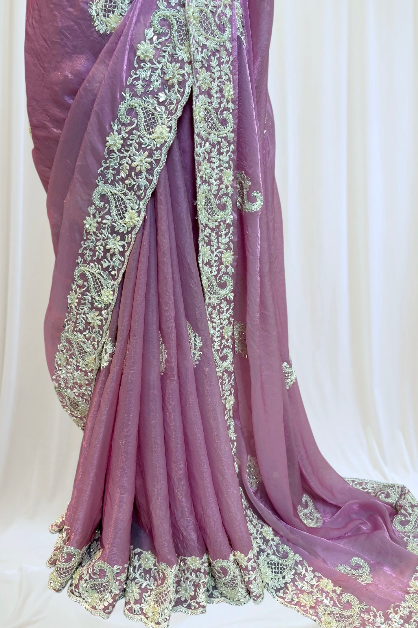 Pink fendy satin pearl embellished saree