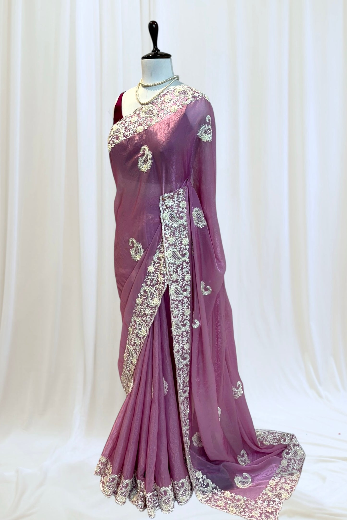 Pink fendy satin pearl embellished saree