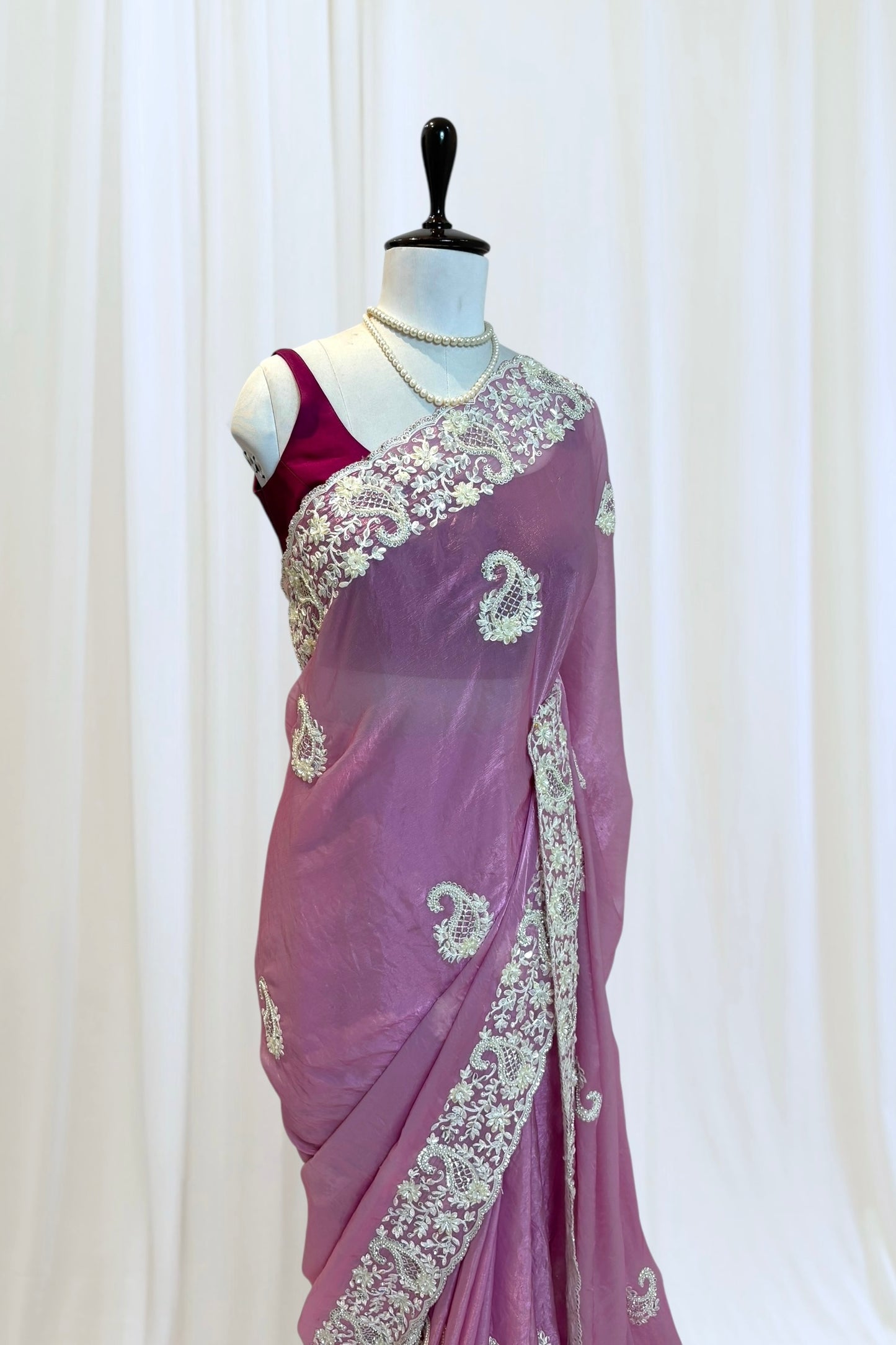 Pink fendy satin pearl embellished saree