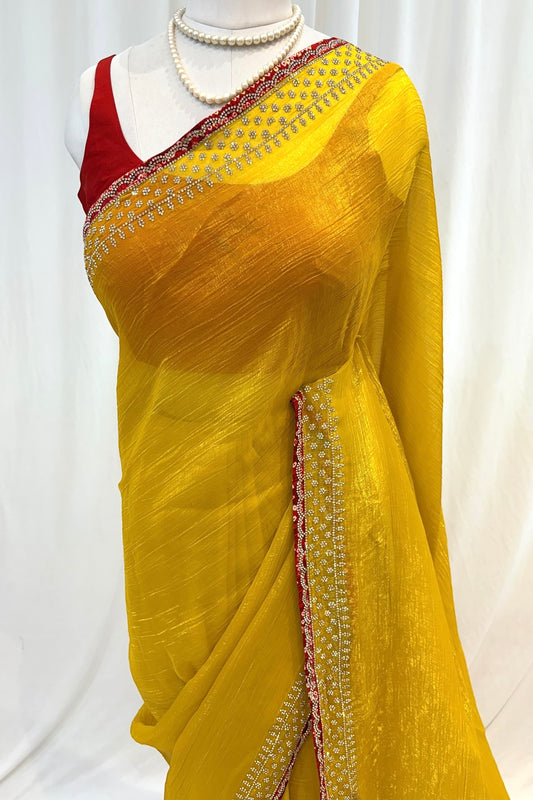 Haldi yellow soft organza saree - Embellished