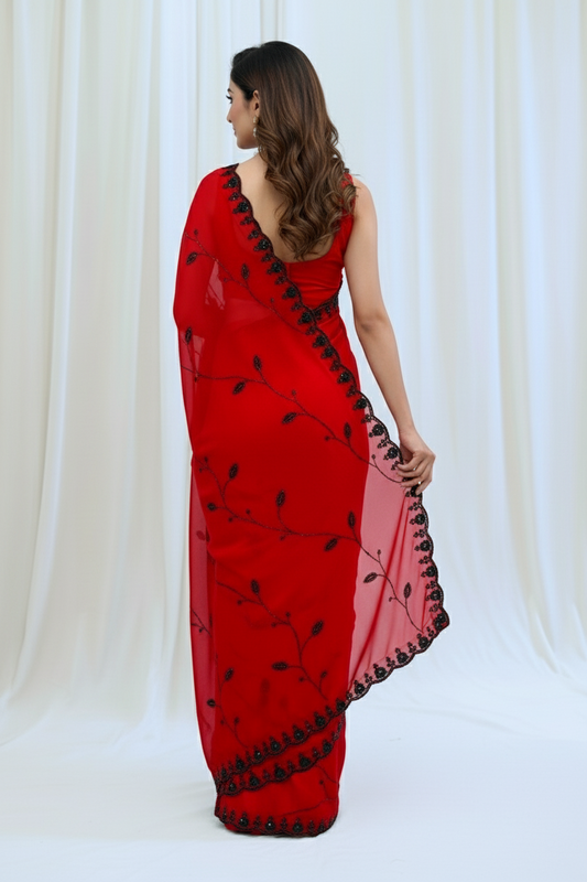 Soft fendy sheen embellished saree - Red