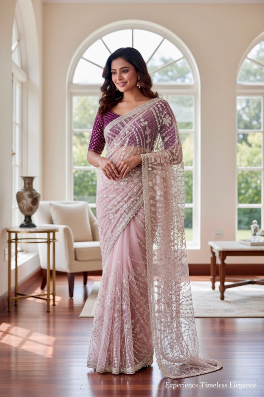 Pink sequins embellished net saree