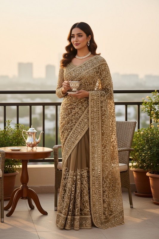 Golden embellished net saree