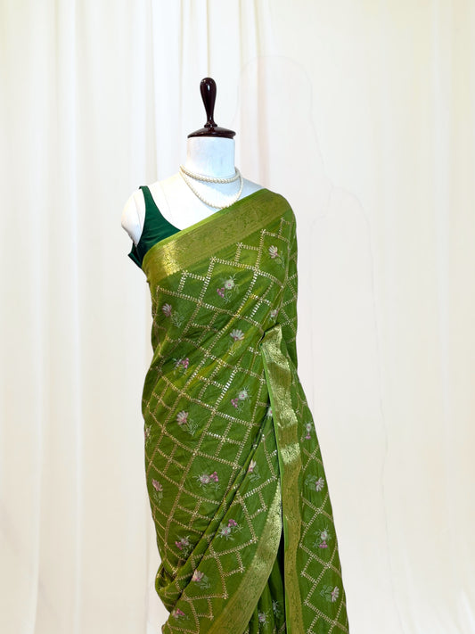 Pure Dola Silk Embroidered Saree - Parrot Green