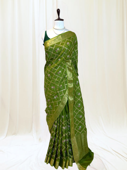 Pure Dola Silk Embroidered Saree - Parrot Green