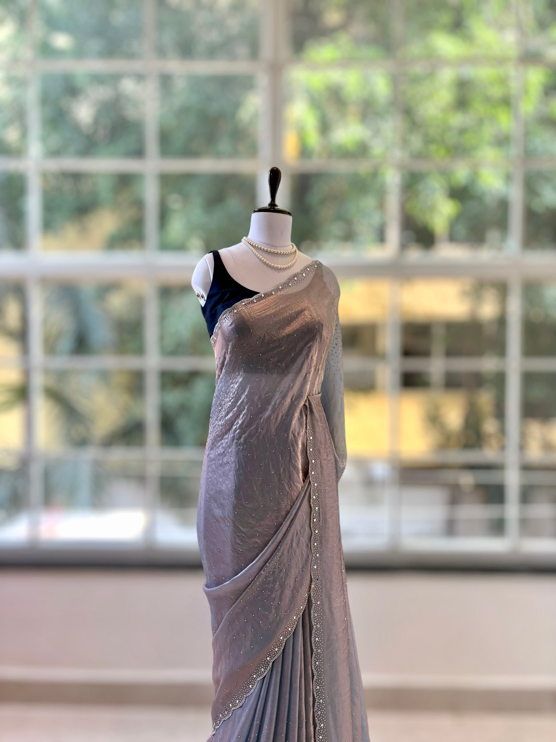 Swarovski shimmer satin saree - Grey