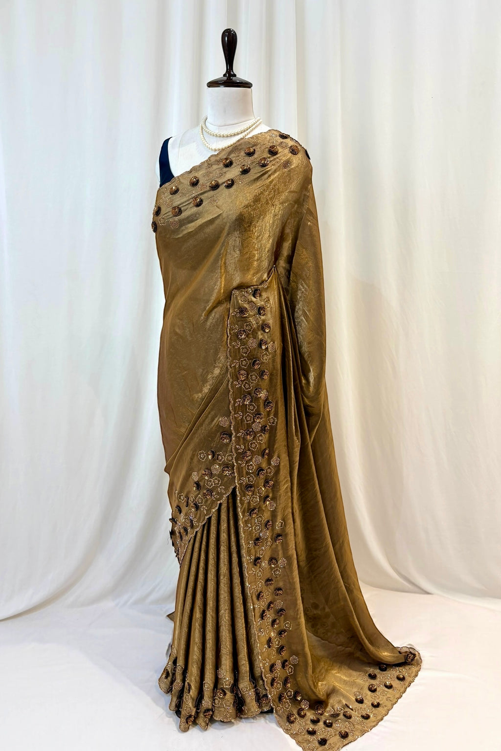 Rose sequins fendy saree - Golden
