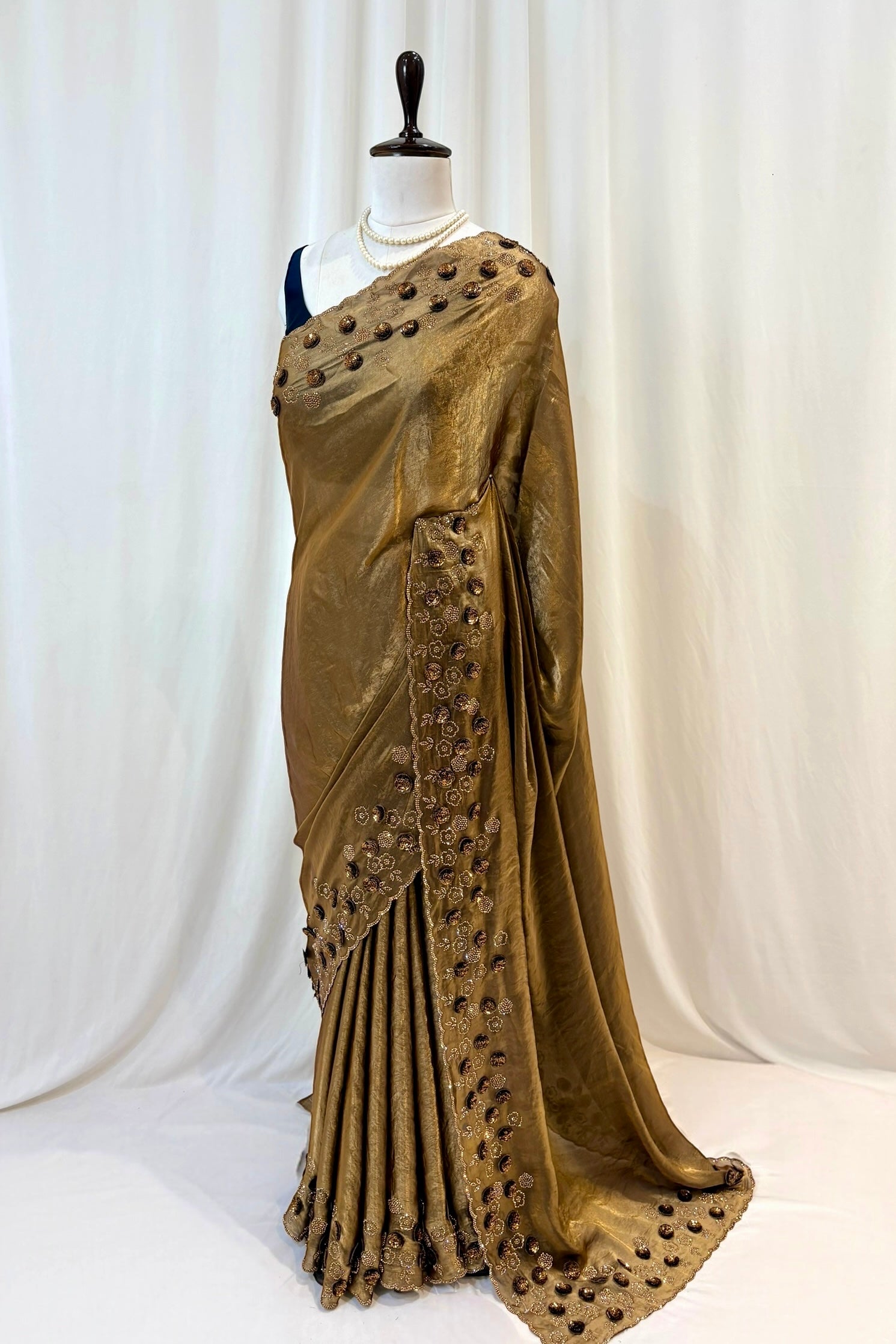 Rose sequins fendy saree - Golden