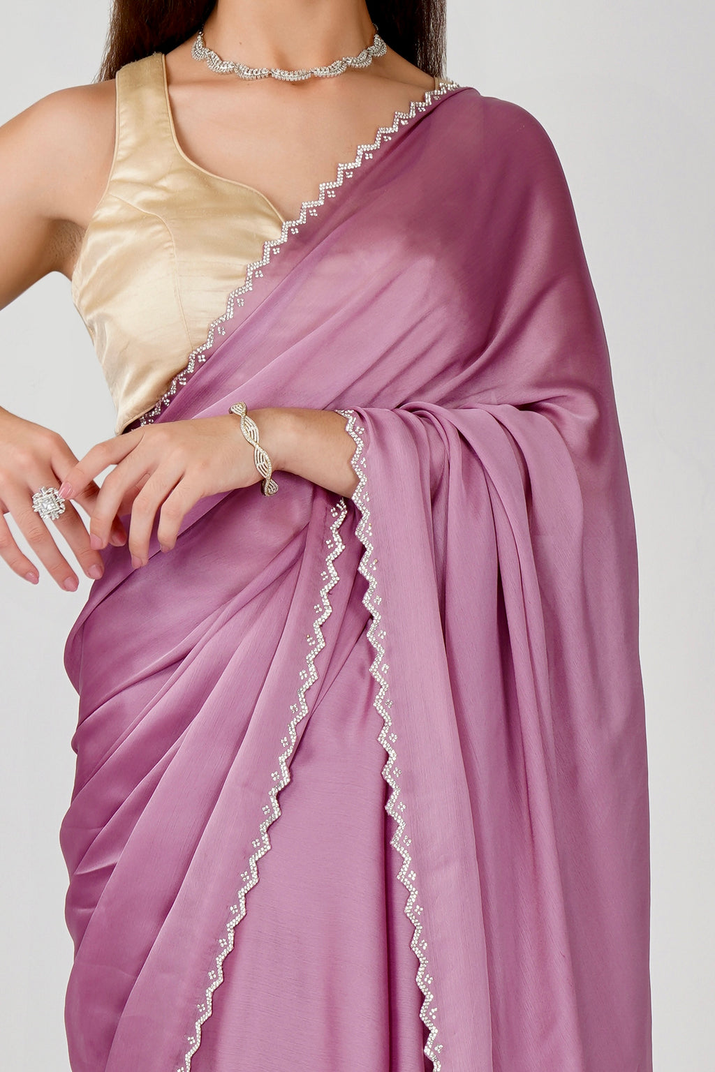 Pink swarovski embellished chiffon saree
