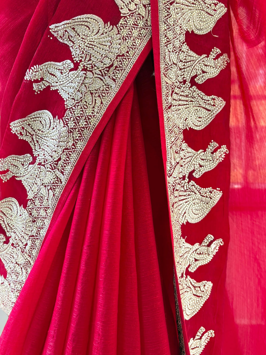 Red embellished fendy satin saree - Figure border
