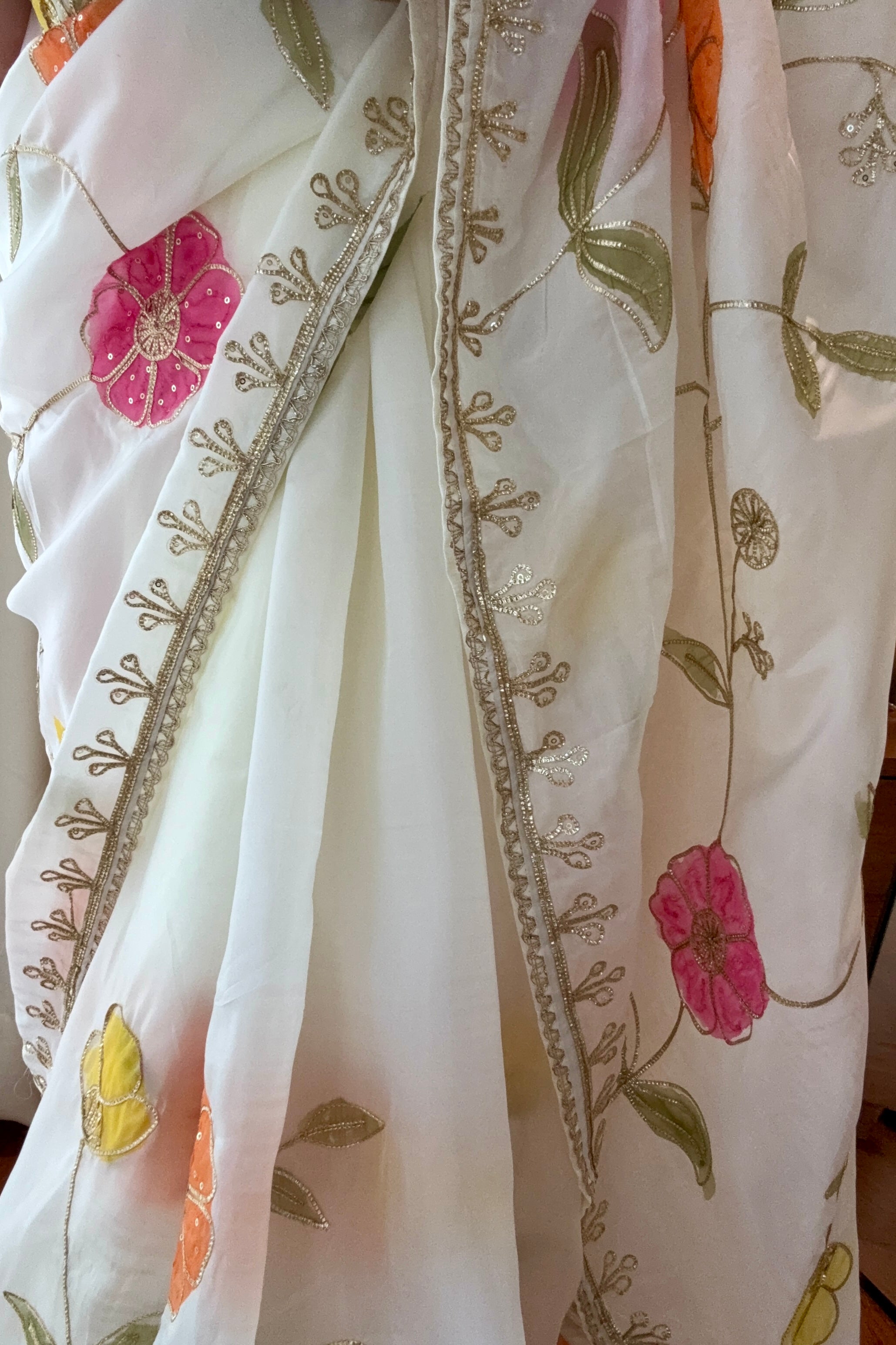 White floral multicolour organza saree