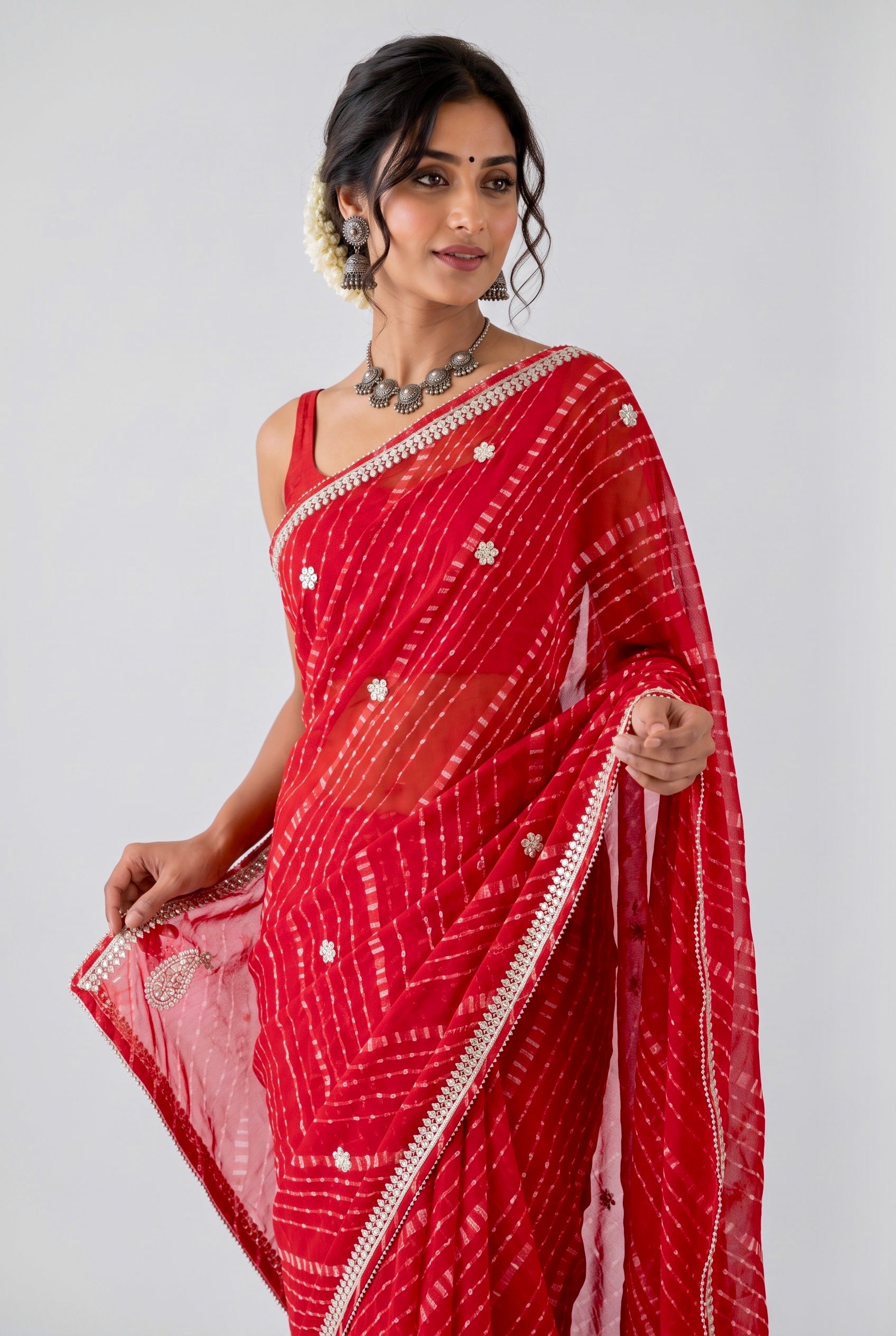 Georgette bandhani print gotta work saree - Red