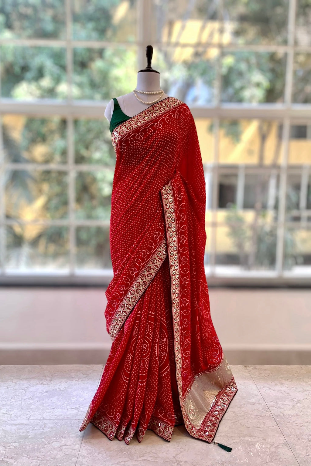 Red Bandhani Printed Saree
