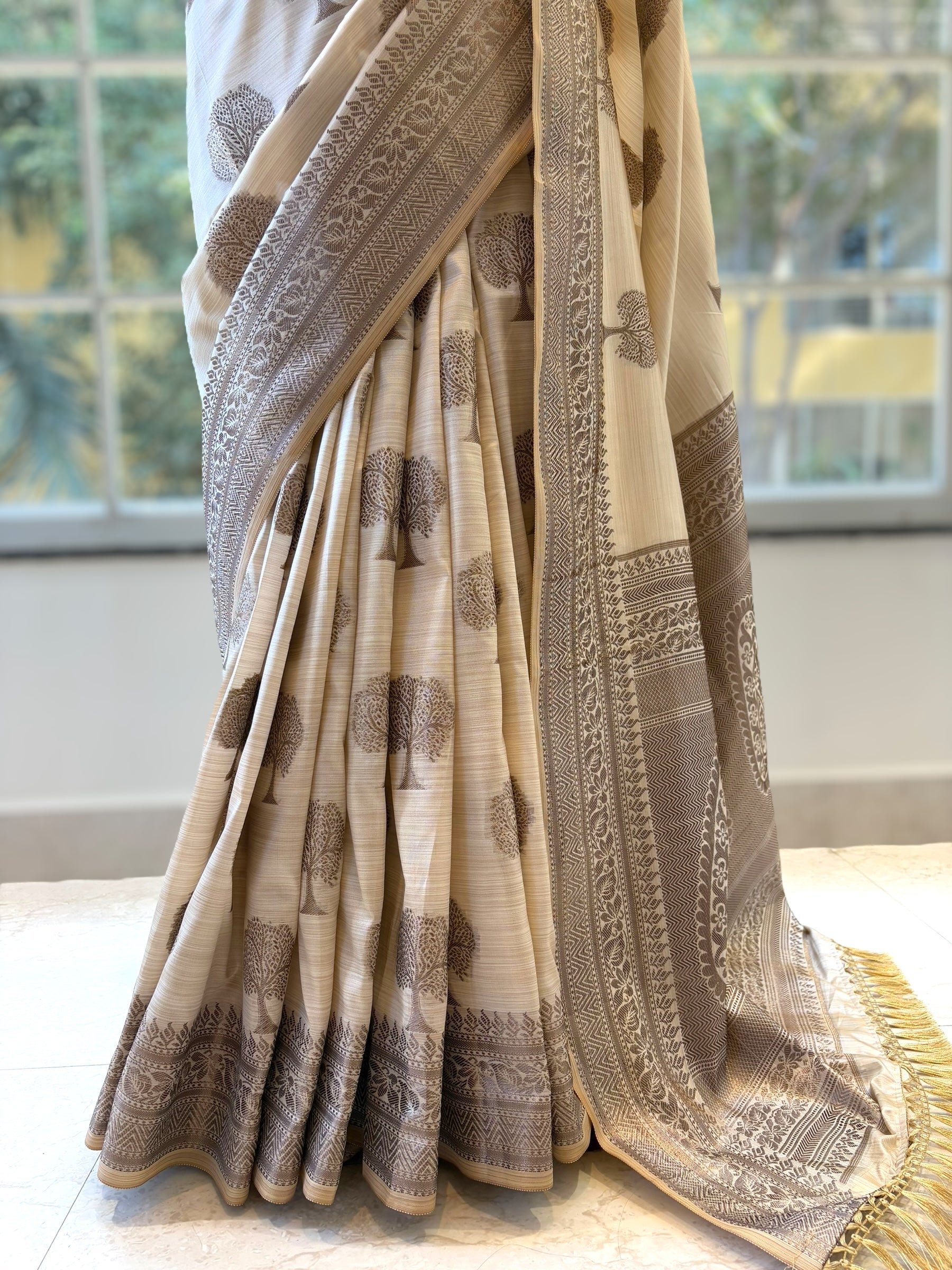 Beige soft silk printed saree