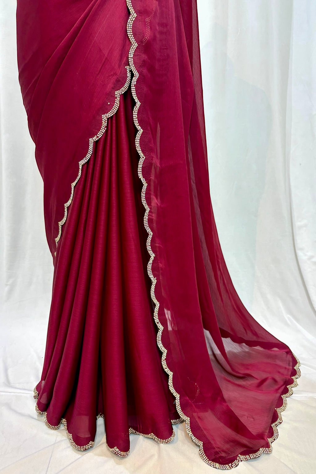 Satin chiffon scallop saree - Wine