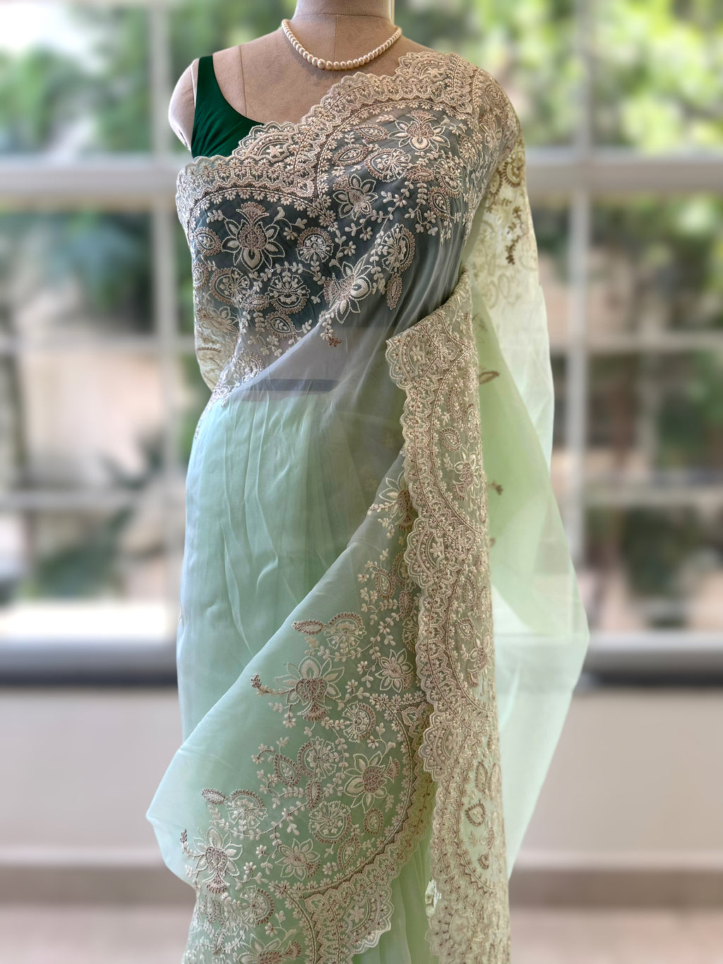 Organza zariwork saree - Green