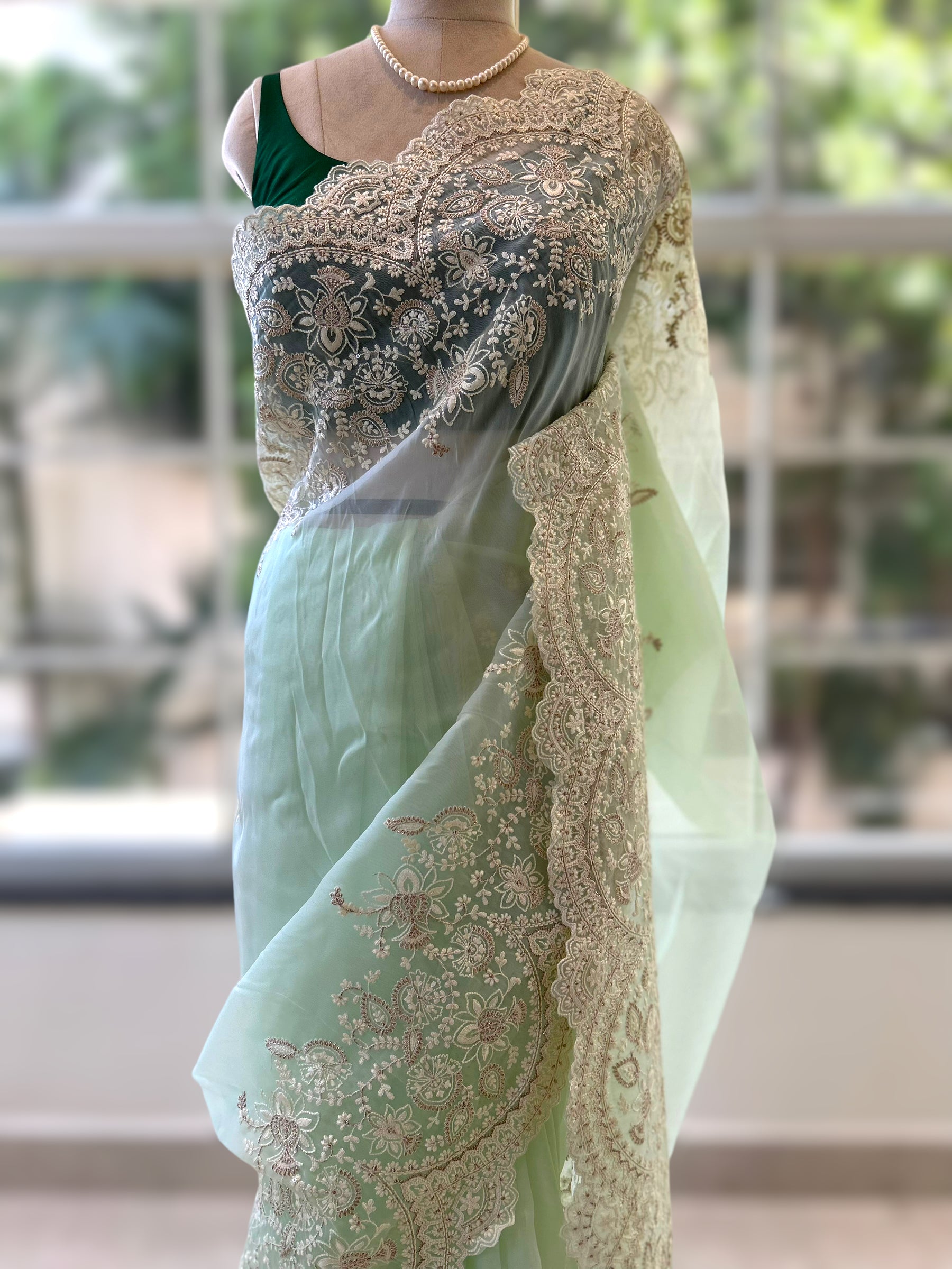 Organza zariwork saree - Green
